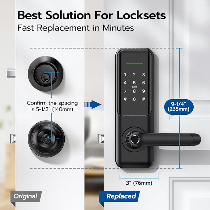 Nyboer Smart Keypad Door Lock with Handle for Front Door | 7 in 1 Keyless Entry with Fingerprint, Easy DIY Install, Remote & Voice Control, Auto-Lock, Ideal for Lockset Replacement