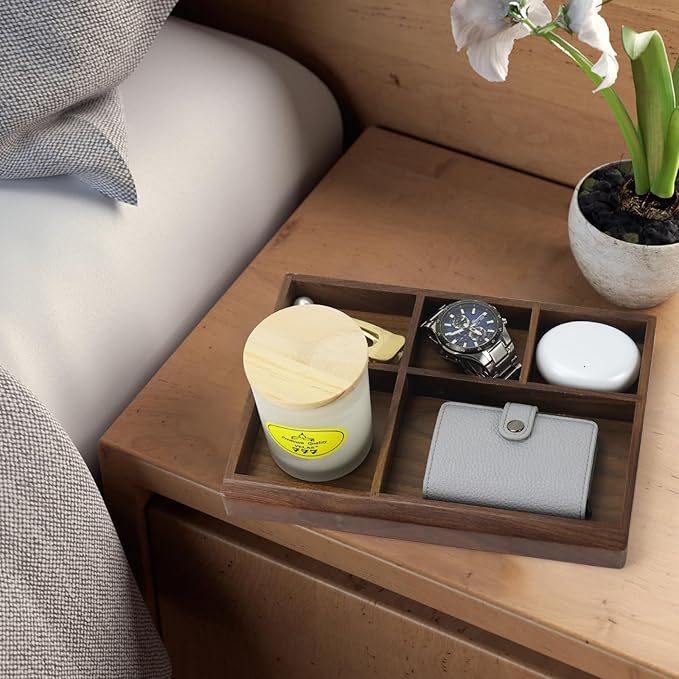MultiBey 5-Slot Walnut Valet Tray Organizer | Wooden Valets Tray for Nightstand, Dresser & Desk |EDC Catchall Trays with 5 Sections for Jewelry, Wallet, Watch, Keys, Earbuds (Walnut)