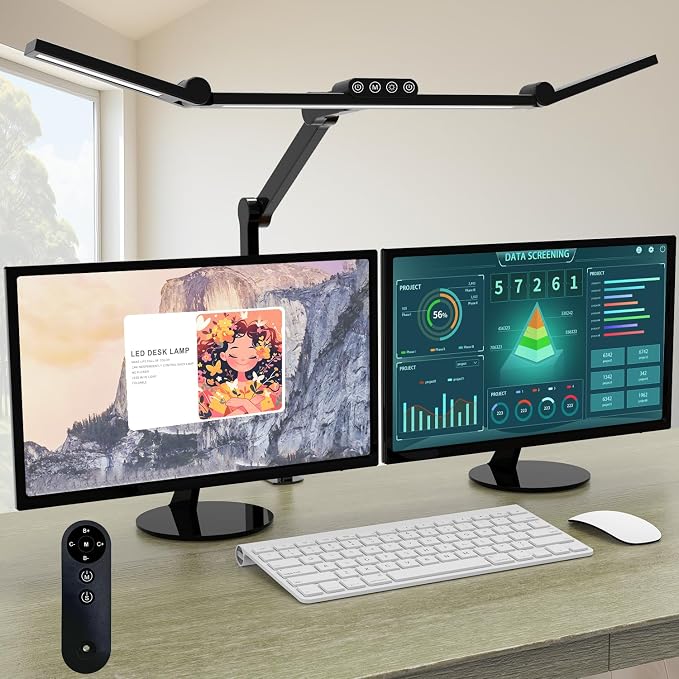 Micomlan Desk Lamp with Clamp, Architect Led Desk Lamp for Home Office with Remote Control, 24W Ultra Bright Auto Dimming Computer Light Adjustable Table Light for Working Workbench (Remote)