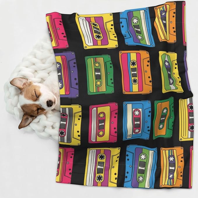 Double Sided Pet Mat for Dog Bed Topper Cat Blanket Furniture Protector, Colorful Retro Cassette Pattern, Reversible Plush with Tactile Dot Pattern for Style Change