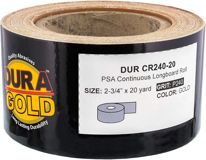 Dura-Gold Premium Gold 240 Grit PSA Longboard Sandpaper, 20 Yard Roll, 2-3/4" Wide, Self Adhesive Stickyback, Woodworking & Automotive Sandpaper Roll, Air File Sand Paper, Auto Sanding Blocks