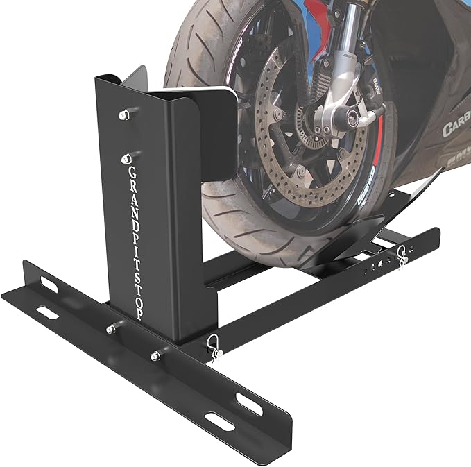 GRAND PITSTOP Universal Wheel Chock for Motorcycle Stand for Trailer Completely Adjustable Detachable Foldable Wheel Chock (Black-V2, 2000 lbs)