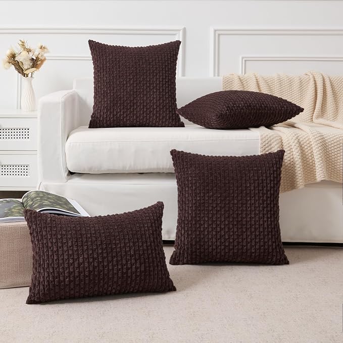 Kevin Textile Soft Corduroy 14"x24" Lumbar Pillow Cover 1 Pack, Coffee | Boho Stripe Plush Corduroy Decorative Oblong Cushion Cover Modern Farmhouse Home Decor for Sofa Couch Bed Chair