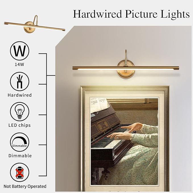 JOOSENLUX Dimmable Led Picture Lights 24.4'' Brass Golden-Like Hard-Wired Display Lighting for Paintings with Swing Arm Wall Mount Brief Metal Artwork Hallway Sconce Lamps 14W Warm White 3000K