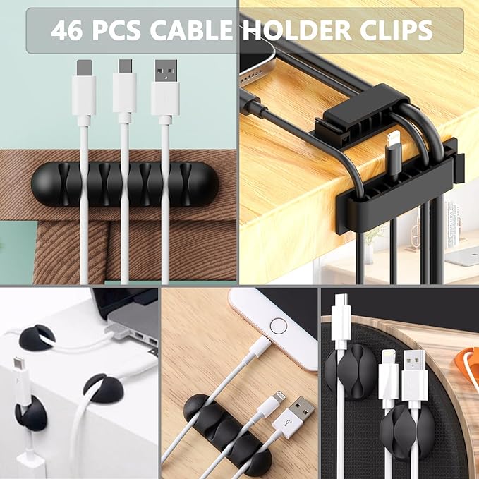 ELII 300PCS Cable Management Kit,4 Cable Sleeve 35 Cable Clips with 11Cord Holders,20 Roll Cable Organizer Straps and 200 Fastening Cable Ties,20 Cable Zip Tie Mounts for Computer TV Under Desk