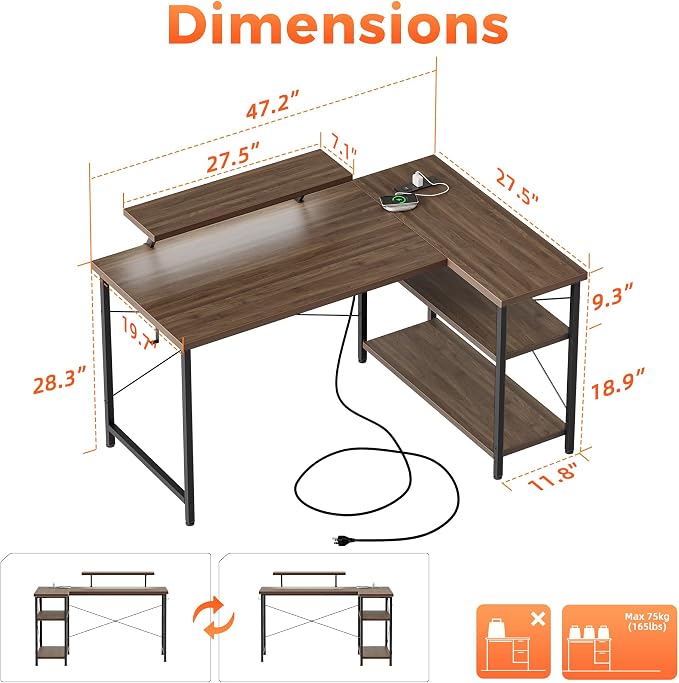 Mericonia 48 in Corner Desk with Monitor Stand, Small L Shaped Gaming Desk | Reversible Computer Desk with Power Outlets, LED Light & Storage Shelves, Office Table for Home Bedroom Study Work Writing