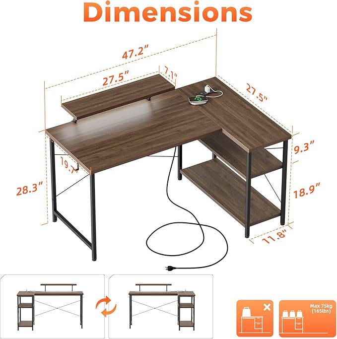 Mericonia 55 in L Shaped Gaming Desk, Large Corner Desk with Monitor Stand | Reversible Computer Desk with Power Outlets, LED Light & Storage Shelves, Office Table for Home Bedroom Study Work Writing