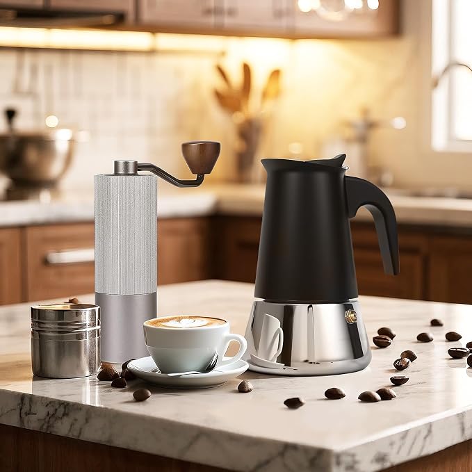 4 Cup Stainless Steel Moka Pot, 200ml Stovetop Espresso Maker, Black