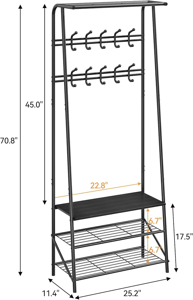 24" Black Hall Tree with Bench and Shoe Storage, Double Row Hooks Coat Rack Freestanding Organizer, Heavy Duty Coat Rack with Shoe Storage, Coat and Shoe Rack Entryway Mudroom Hallway