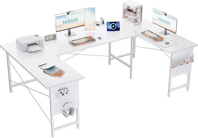 Pamray 71 Inch Large Gaming Desk with Power Outlets U Shaped Computer Desk | Spacious Workspace with USB Charging Ports & Pegboard & Headphone Hooks Suitable for PC Gaming Office Work Study and Writing