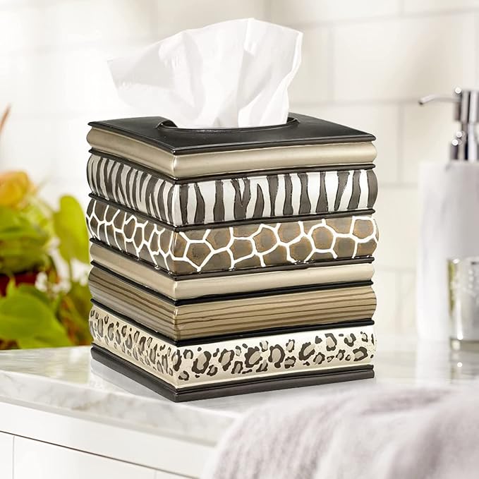 Zahari Home 2pc Safari Stripes Modern Bath Accessories Set Waste Basket & Tissue Box Modern Classic Contemporary Decorative Beautiful Designs Bathroom Decor Set for Home Luxury Bathroom Sets