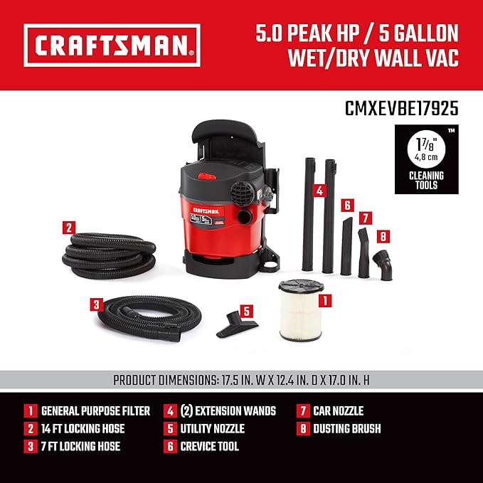 CRAFTSMAN CMXEVBE17925 5 Gallon 5.0 Peak HP Wet Dry Vac, Portable and Wall-Mountable Shop Vacuum with Filter, 2 Hoses and Attachments for Garage and Automotive Cleaning