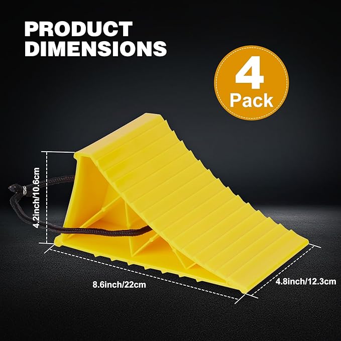 PAHTTO Wheel Chocks, 4Pack Heavy Duty Wheel Chocks with Rope for Easy Removal, Durable, Non-Slip, Hard Plastic Wheel Chocks for, RV, Camper, Effective in Keeping Your Vehicle in Place, Yellow