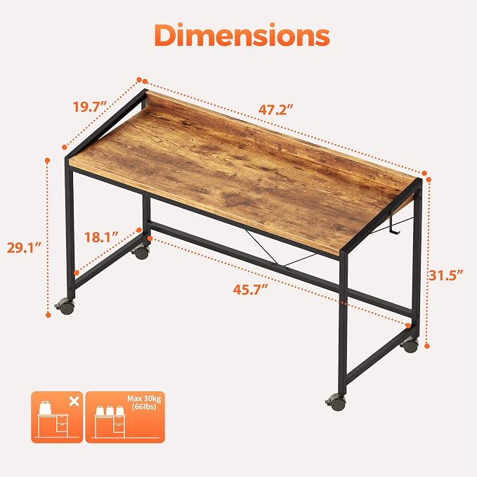 Mericonia 47x20 Inch Small Computer Desk with Wheels & Rear Lip | Simple Rolling Desk, Writing Table for Home Office Bedroom Work Study, Brown