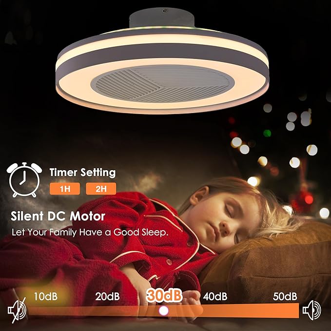 Smart Low Profle Ceiling Fans with RGB Lights Remote/APP/Voice Control, 20" Bladeless Ceiling Fans with 6 Speeds, Timer, Quiet DC Motor, Ceiling Fan with Light for Kids Bedroom/Living Room