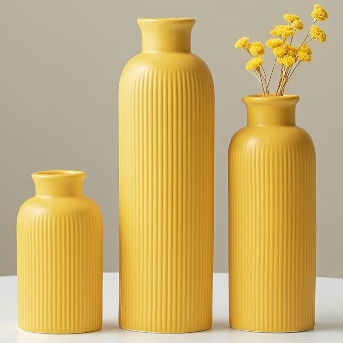 Modern Ceramic Vase Set, Yellow Ribbed Matte Design, 3-Piece Decorative Vases for Home, Living Room, Office (Yellow)