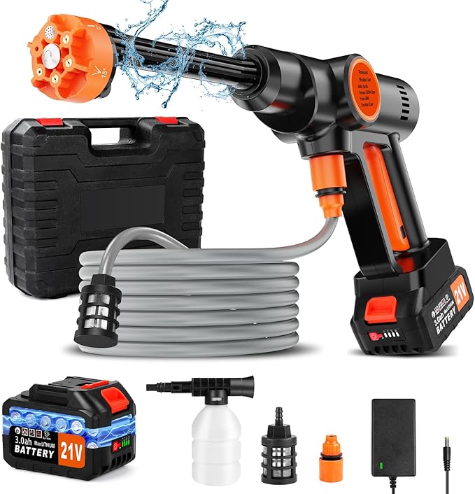 Portable Pressure Washer, Cordless Power Washer Battery Powered, Handheld Car Washer with 6-in-1 Nozzle,17FT Drain Hose, Power Cleaner for Patio Floor Fence Deck Indoor