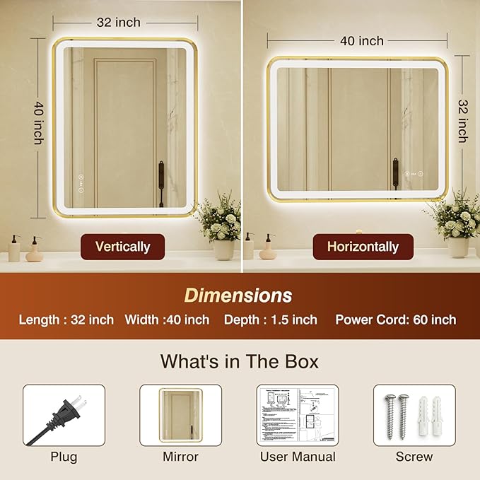 32x40 Inch Gold Framed LED Bathroom Mirror with Lights,Smart Bathroom Mirror,Motion Sensor,Tempered Glass,Anti-Fog,Stepless Dimmable & 3 Colors,Memory,Vanity Mirror for Wall