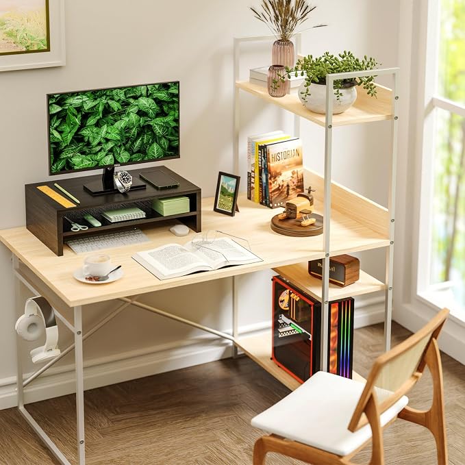 Simpple Trending Monitor Stand Riser, 2 Tier Wood Office Desk Storage Organizer for Laptop, Computer, Black