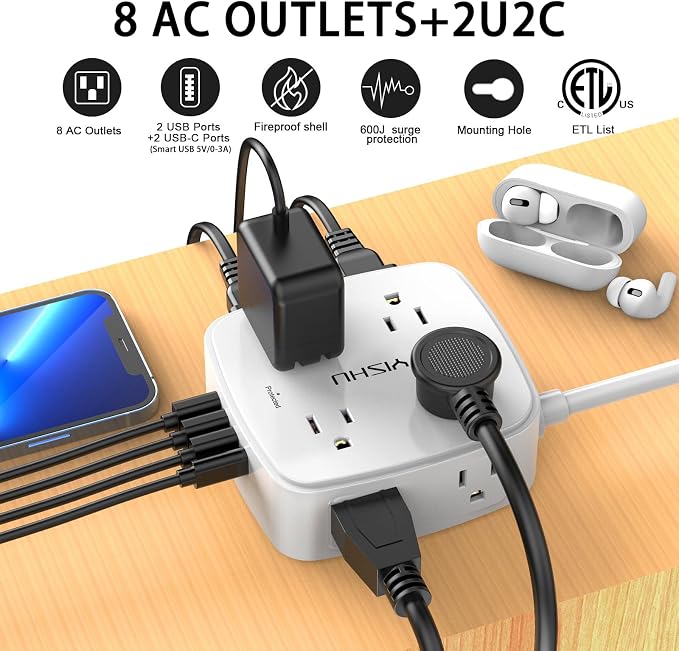 5Ft Surge Protector Power Strip - 8 Widely Outlets with 4 USB Ports, 3 Side Outlet Extender with 5 Feet Extension Cord, Flat Plug, Wall Mount, Desk USB Charging Station, ETL,White