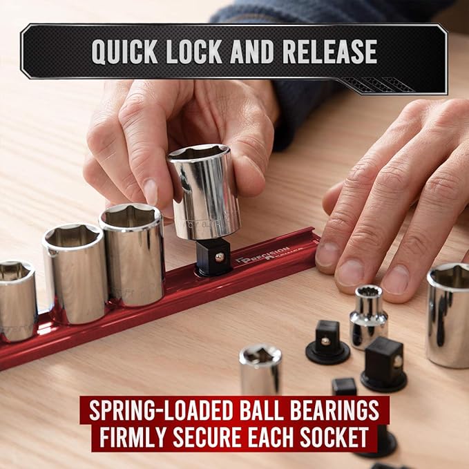 Precision Defined Aluminum Tool Socket Holder 3-Piece Set | Red, 1/4-Inch x 16 Clips, 3/8-Inch x 16 Clips, 1/2-Inch x 14 Clips | 360 Rotation - Heavy Duty Socket Rails Organizer, Socket Storage