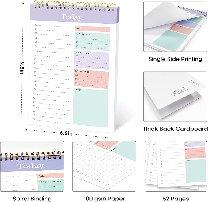 Taja To Do List Notepad, Undated Daily Planner for Work and Goal Setting | Violet Dream, 52 Sheets, 9.8" x 6.5" , for Office, Home and school, Daily Task Planning, Notes and Everyday Organization