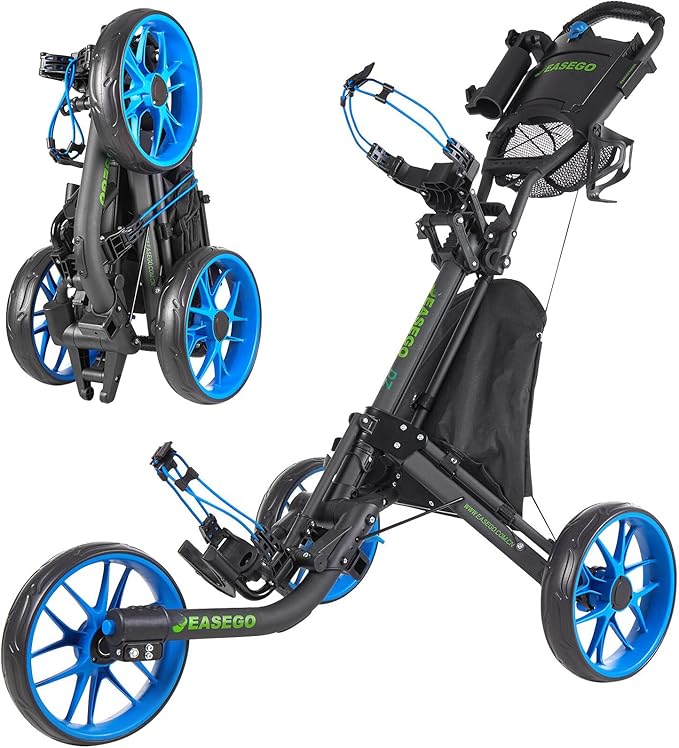 Golf Push Cart 3 Wheel : Golf Bag Cart Foldable with Phone Holder/Cup/Umbrella Holder Compact Golf Pull Carts Quick Fold Golf Caddy Push Carts with Large Wheelbase for Different Terrain
