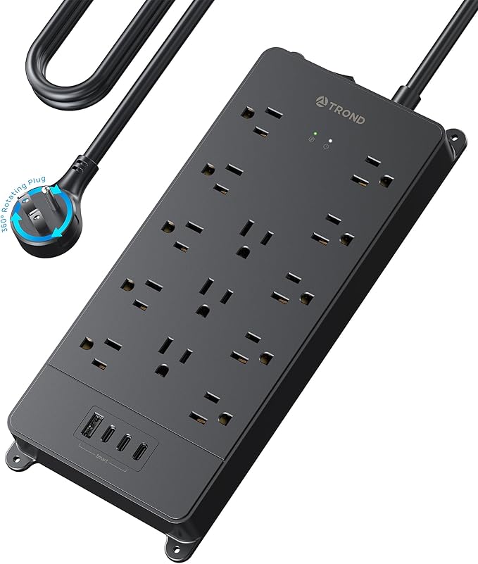 TROND 360° Rotating Flat Plug, Surge Protector Power Strip, 13AC Widely Spaced Outlets Expansion with 3 USB C Ports, 4000J, 10ft Extension Cord Heavy Duty, Wall Mount, Under Desk, ETL Listed, Black