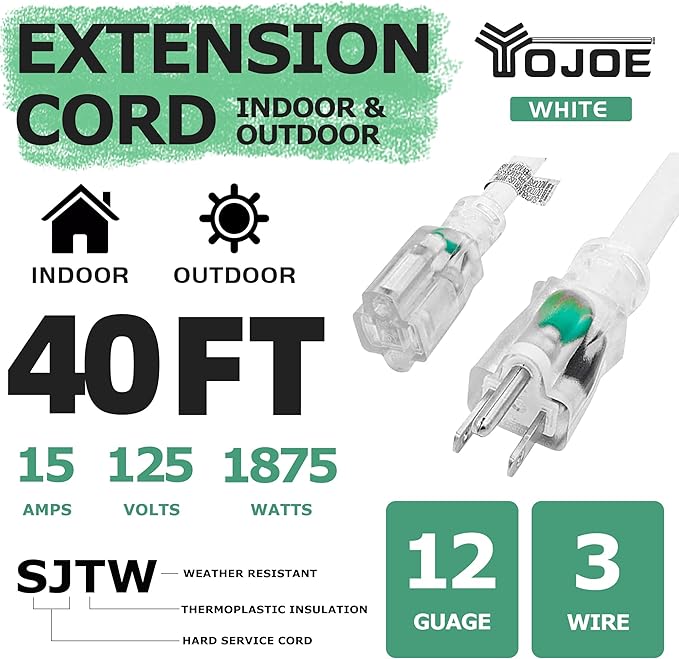 YOJOE Indoor Outdoor Extension Cord with Lighted End, 3 Prong 15A Weatherproof Power Cord, 12 Gauge Heavy Duty 40 ft White Extension Cord for Garage, Garden and Home, 12/3 SJTW UL Listed