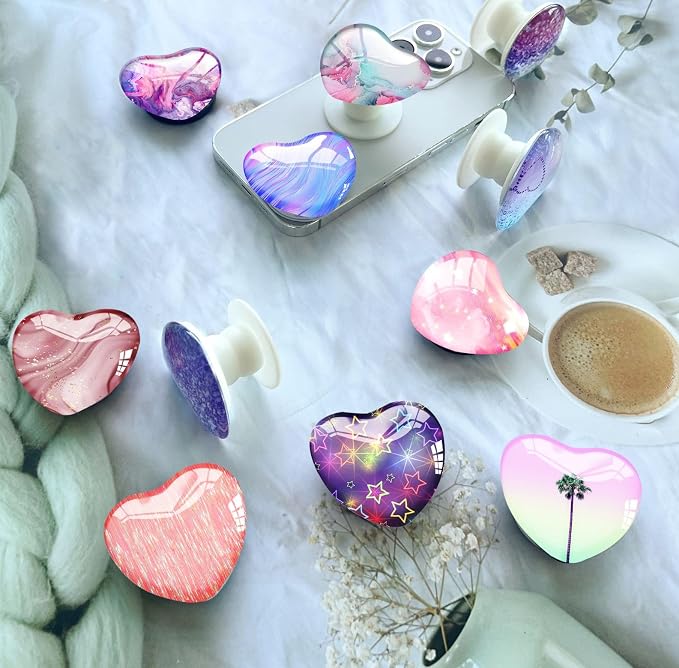 Luhoit Expandiing Cell Phone Grip Heart Shape Glass Finger Holder for Smartphones, Cellphone Collapsible Stand - Pink Star