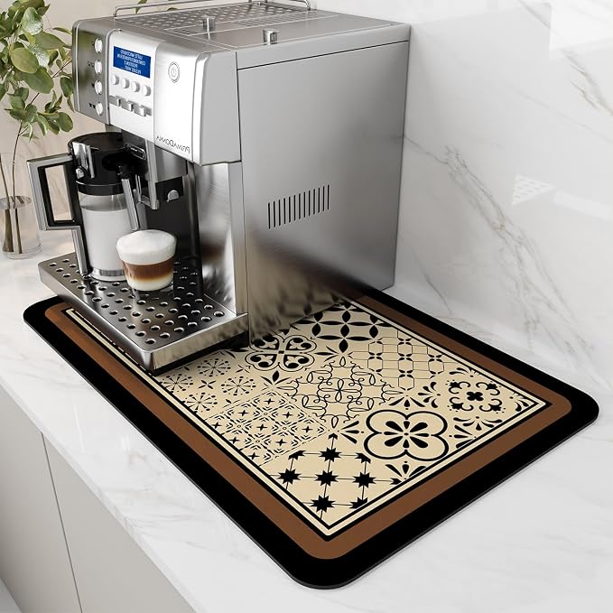 AMOAMI Coffee Mat - Hide Stain Rubber Backed Absorbent Dish Drying Mat for Kitchen Counter - Fits Under Coffee Maker - Khaki 12X19