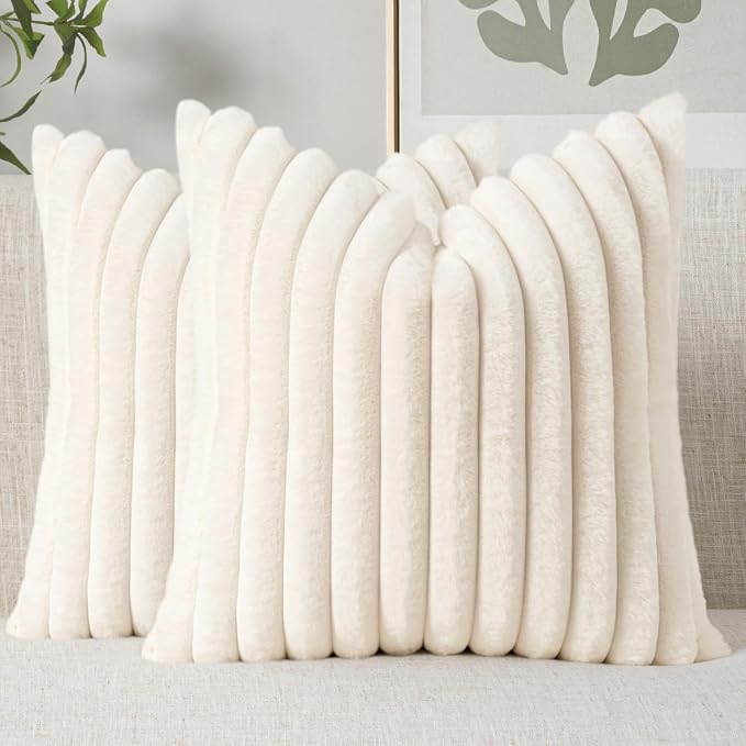 MIULEE Faux Fur Decorative Throw Pillow Covers 20x20 Set of 2 Beige | Cream White Modern Soft Plush Couch Pillows, Cozy Fluffy Cushion Covers for Sofa Bed Living Room Home Decor