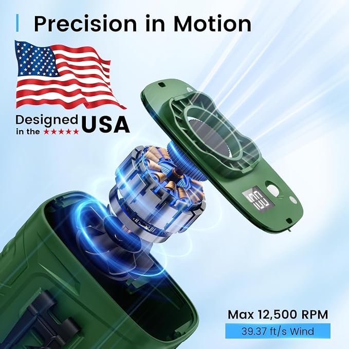 KIBEE Rechargeable Wearable Waist Fan, 12500RPM Strong Airflow with LED Light, 5 Speeds, 29H Long Lasting for Jobsite, Farm & Hiking