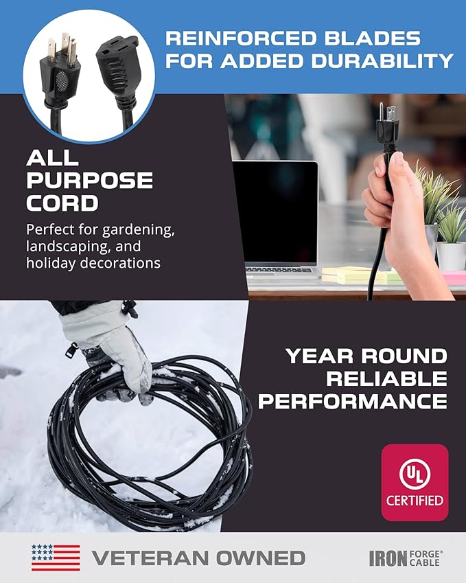 Iron Forge Cable 100 Ft Black Extension Cord, 16/3, 100 Foot Extension Cord, 3 Prong, Weatherproof - Great for Outside Use
