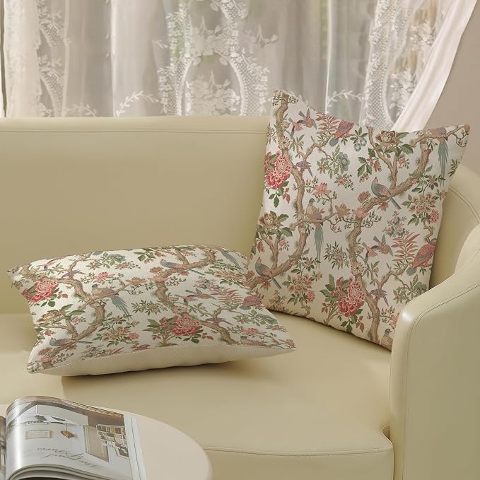 Chinoiserie Pillow Covers 18x18 Set of 2 Pink Green Bird Floral Throw Pillows Vintage Pink Flower Bird Decorative Pillow Cases Outdoor Chinoiserie Decor Farmhouse Cushion Case for Couch Sofa
