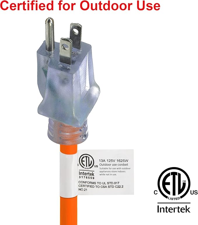 Clear Power Indoor/Outdoor Extension Cord, 25 Ft, Orange, 16AWG, 13A, SJTW [ETL Listed] 3 Prong Grounded Plug, 16/3, Water & Weather Resistant, Flame Retardant w/Power Indicator Light (CP11116)