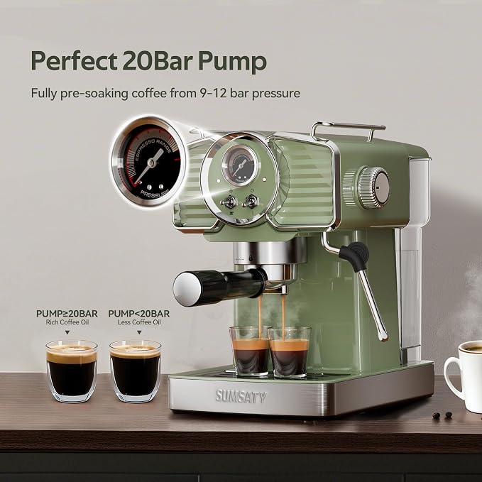 SUMSATY 20 Bar Espresso Machine Retro with Powerful Milk Frother, Green | Visual Pressure Gauge Espresso Coffee Machine 1350W Fast Heating Home Barista for Cappucino Latte Maker, 61oz Water Tank