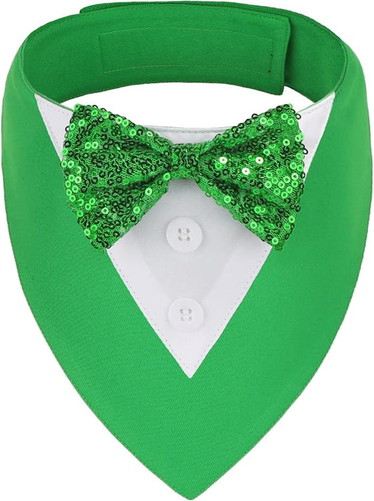 ADOGGYGO St.Patrick's Day Dog Tuxedo Bandana, Green Pet Tux Collar with Bowtie Adjustable St Patricks Costume for X-Small Dogs Pets (XS)
