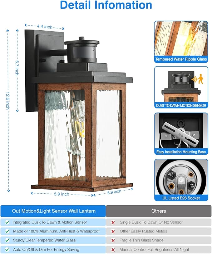 VIANIS Motion Sensor Outdoor Lights, Dusk to Dawn Outdoor Lighting for House, Wood Grain Garage Lights, Lantern Wall Mount, Waterproof Porch Sconce for Entryway, with Anti-Rust, Weather Resistant