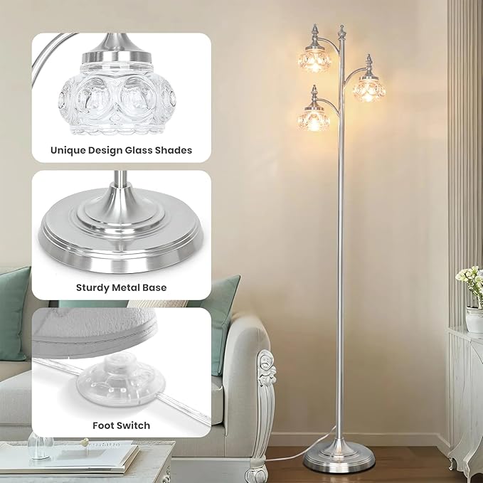 Brushed Nickel Floor Lamp 66.5'' Tall Standing Lamp Dimmable Tree Floor Lamps with 3 LED Lights Glass Shades Silver Lamp for Living Room Bedroom Office(3 Bulbs Included)