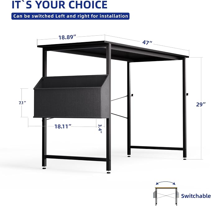 Pamray 47 Inch Computer Desk for Small Spaces with Storage Bag, Home Office Work Desk with Headphone Hook, Small Office Desk Study Writing Table