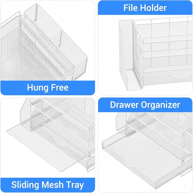 OPNICE Desk Organizers and Accessories, 4-Tier Desktop File Organizer with Drawer and Pen Holders, Office Desk Accessories Workspace Organizers for Office Supplies (White)