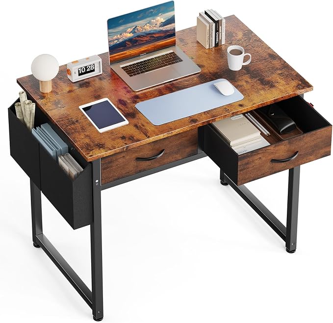 DUMOS 32-Inch Small Computer Desk with Drawers, Hook and Side Bag, Brown | Home Office Desk for Bedroom, Gaming Writing Study Desk with Adjustable Feet