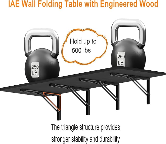 IAE 72x22in Floating Fold Desk,Wall-Mounted Folding Computer Table,Black | Study Table with Shelf Brackets,Foldable Down Shelf with Engineered Wood,Fold Computer Desk for Small Apartment,Holds 518 lb