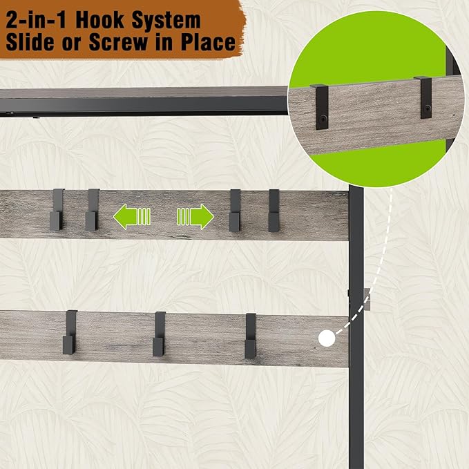 Hall Tree with Shoe Storage Bench Coat Rack with 7 Hooks Interchangeable 4 Tier Side Storage Shelves Small Cute Side Bench Industrial 5-in-1 Entryway Coat Rack for Hallway Mudroom Bedroom