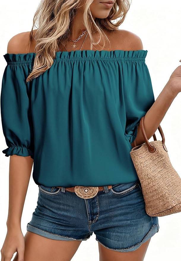 EVALESS Womens Tops Off The Shoulder Blouses for Women Dressy Casual Cute Puff Sleeve T Shirts Fashion 2026