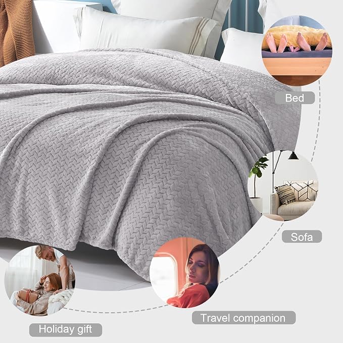 Exclusivo Mezcla Soft Fleece Bed Blanket Twin Size, 60”x80”, Light Grey | Cozy Fluffy Lightweight Blankets for Summer, Decorative Plush Flannel Throws for Living room, Bedroom with Leaves Pattern
