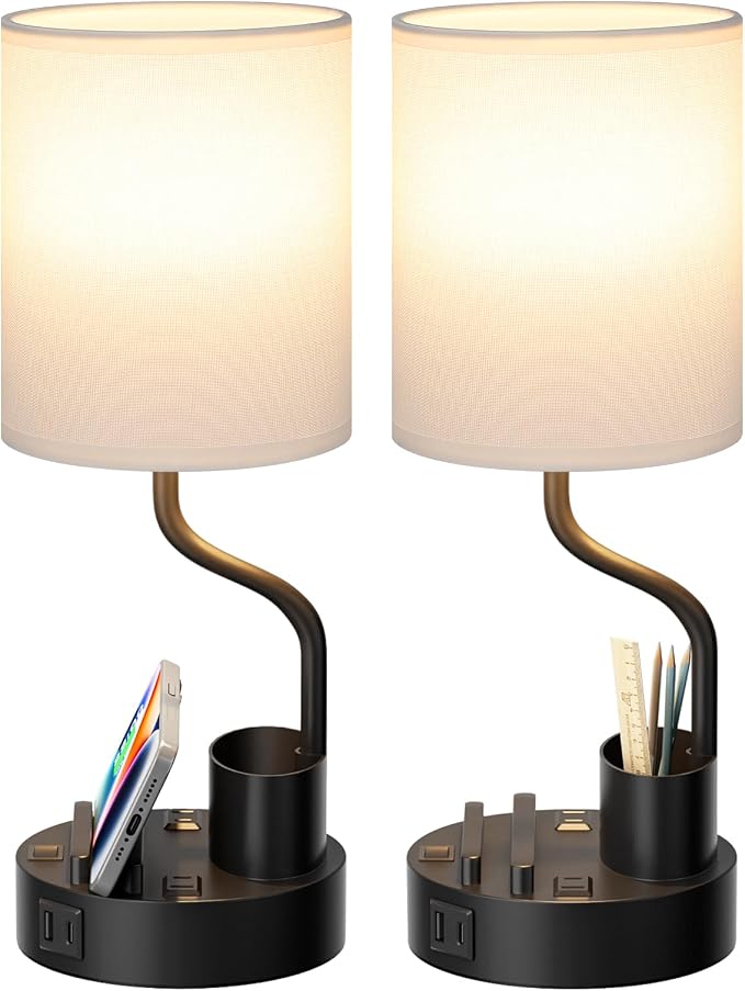 Fenmzee Bedside Lamps for Bedroom Set of 2 - Table Desk Lamp for Nightstand | 15" Table Lamp for Living Room with Pen Holder & Phone Stand, USB A+C Port, AC Outlet, 3 Color Temperature, LED Bulb Included