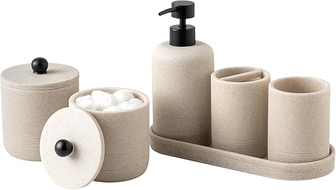 Bathroom Accessories Set, 6 PCS Modern Bathroom Accessory Set with 15.2 OZ Soap Dispenser, Toothbrush Holder, Vanity Tray, Tumbler, 2 PCS Qtip Holders (Beige)