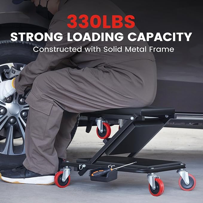 KROAK Creeper, 40 Inches 2 in 1 Z Creeper Seat 330 lbs Capacity Garage Chair Adjustable Rolling Folding Car Creeper with 6 pcs Wheels,Lay Down or Sit for Garage, Shop, Auto Repair Black